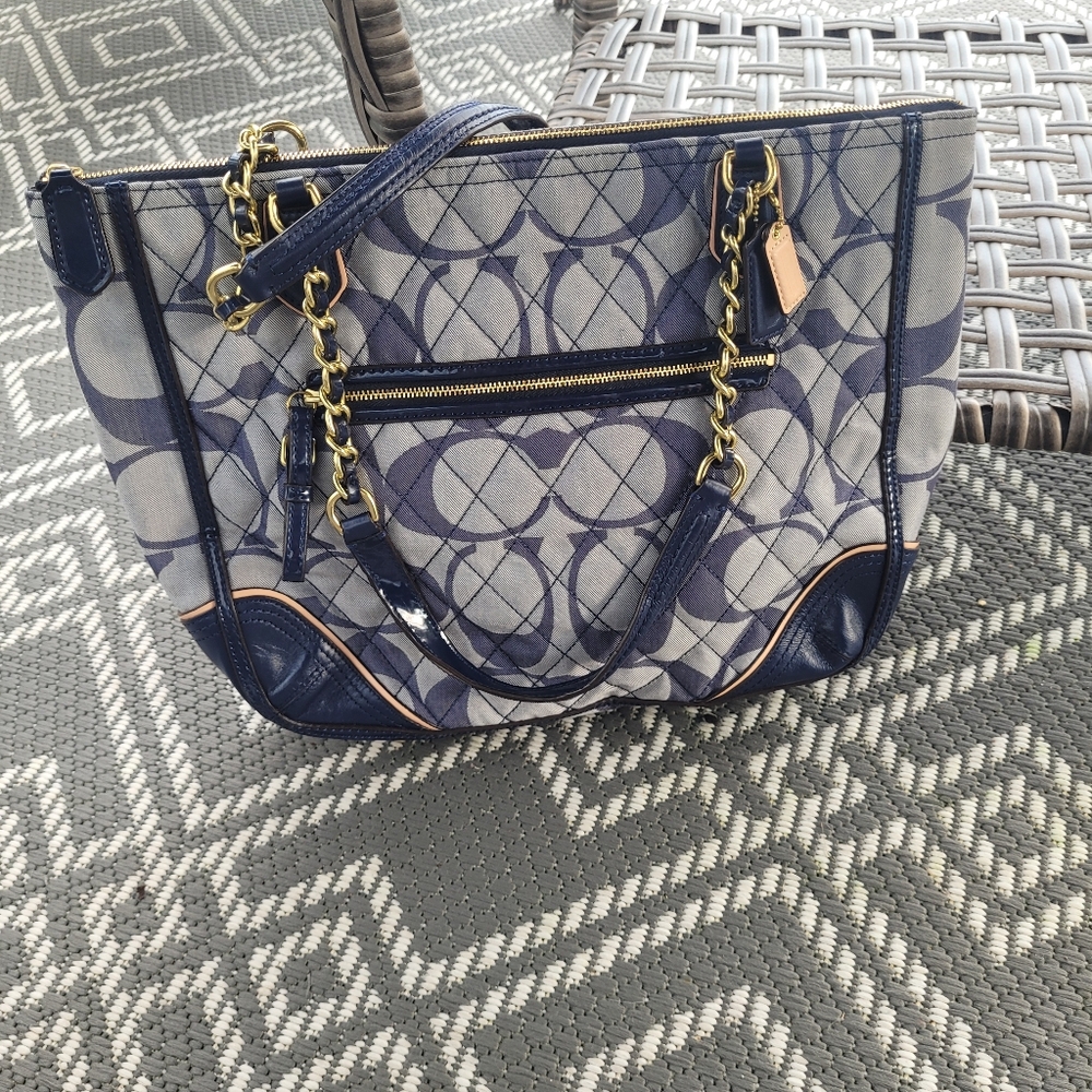 Coach Navy Blue Poppy Quilted Signature C Denim Chain Tote F25063